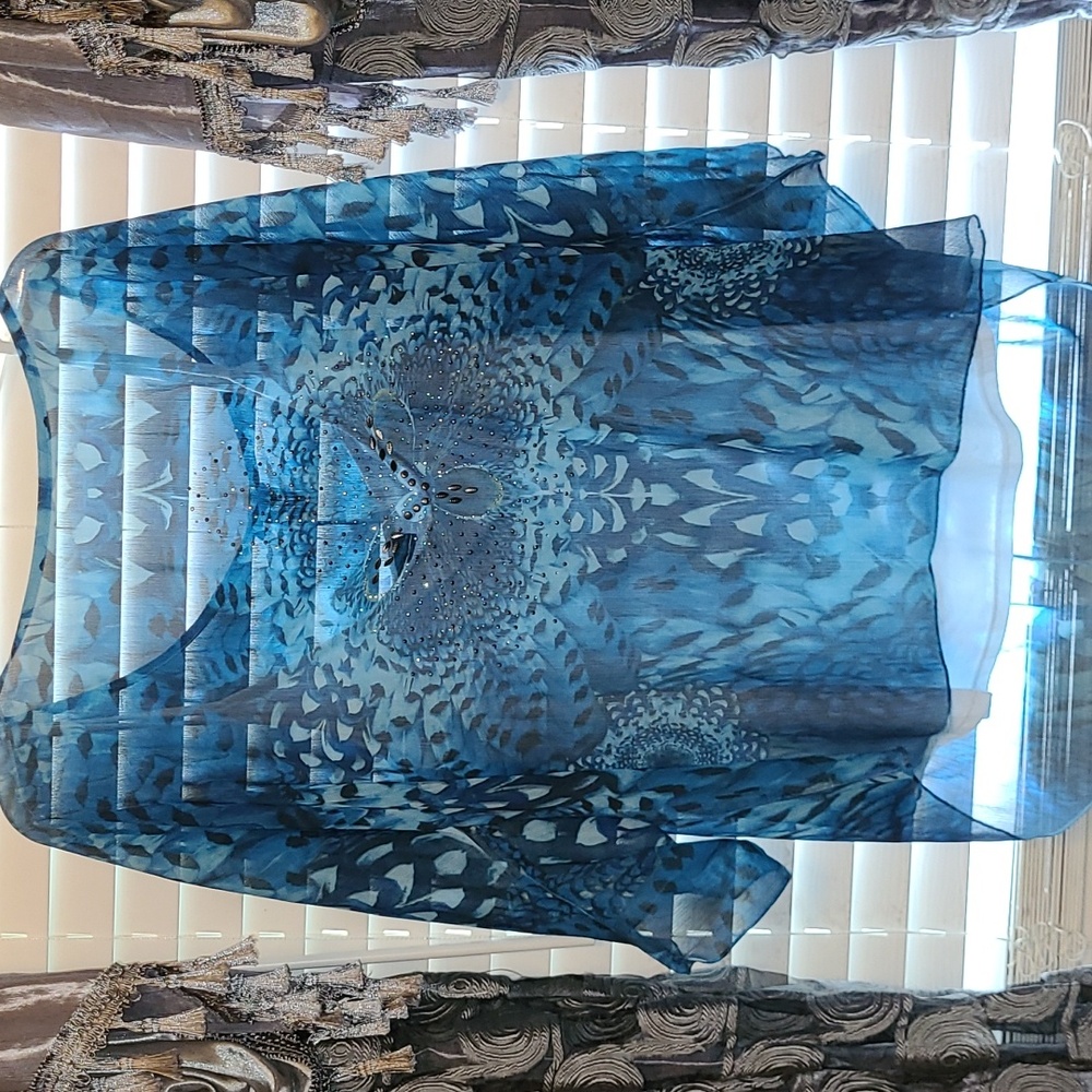 New Directions Sheer Blue Printed Top with white tank.